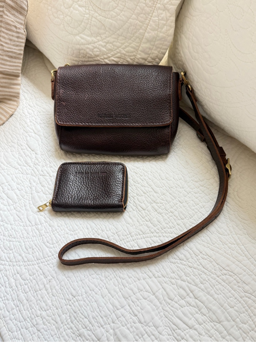 Portland Leather Metro Mini Crossbody and small zip wallet dark brown